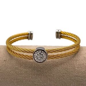 SvD Stainless Steel Pave Double Gold Tone Cable Open Cuff Bracelet